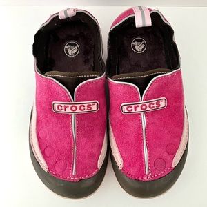 Crocs Kids Dawson Suede Slip-On Size J 2 Faux Fur Removable Insole Pink & Brown.